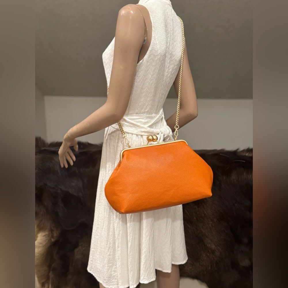 Orange Pebble Leather Handmade Vintage Style Extra Large Kisslock Frame Bag - Picture 7 of 16